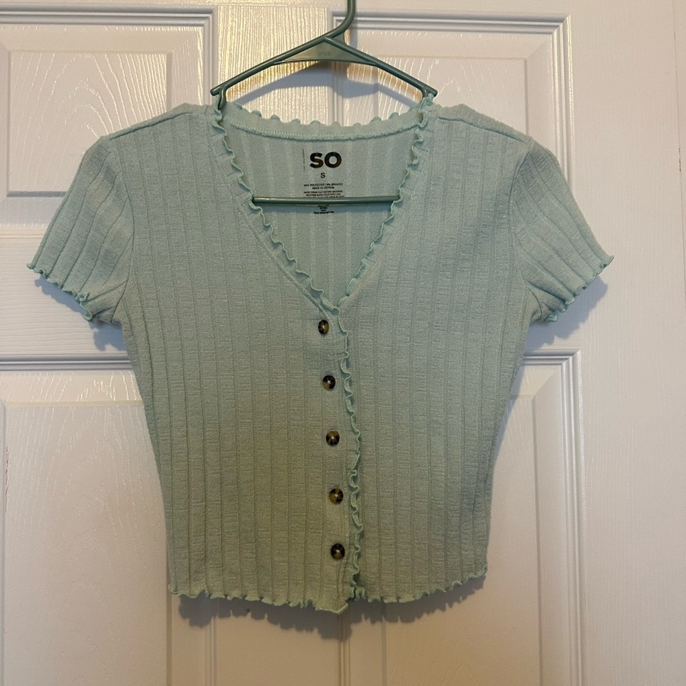 SO Women's Light Blue Ribbed Button-Down Top